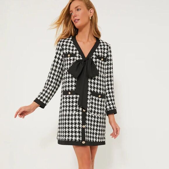 NWT Tuckernuck Pomander Place Coco Tweed Bow Black White Houndstooth Dress L - Picture 1 of 16